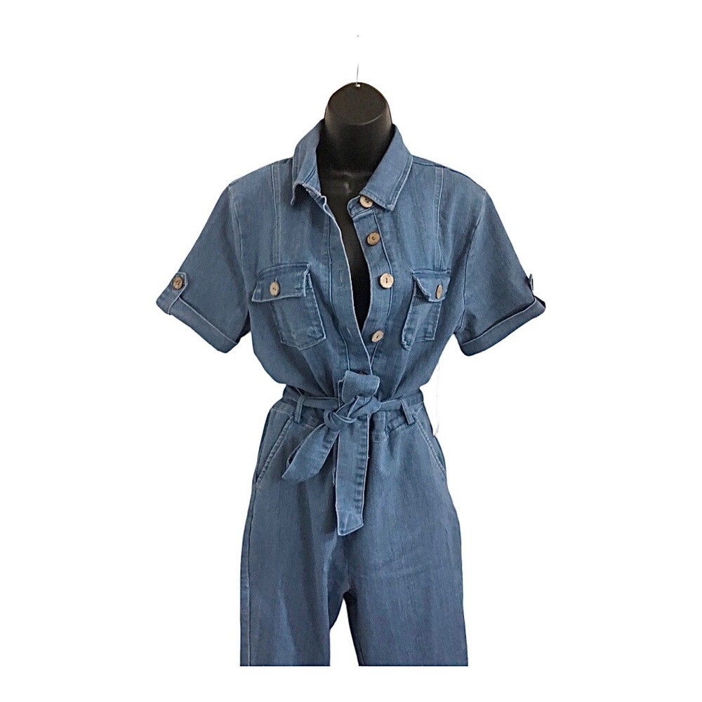 Haute Monde blue denim stretch belted button front‎ jumpsuit size large new